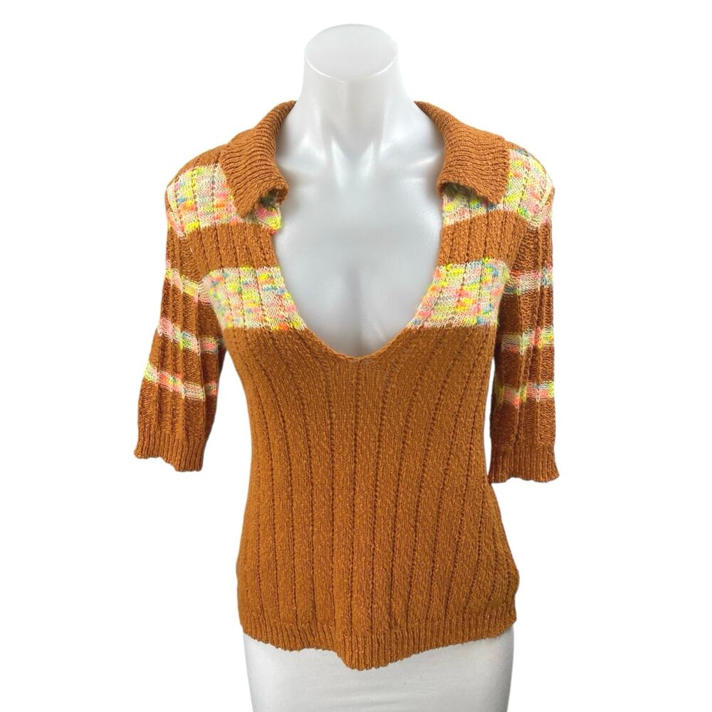 Free People Now and Then Brown Multicolor Striped Short Sleeve Knit Sweater Sz M
